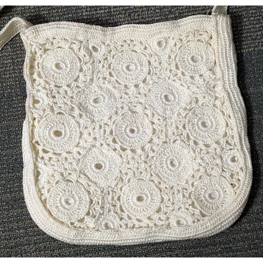 Vintage Boho Crocheted‎ Doily Tote Bag Purse Handbag Lined Ivory Allover